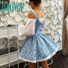 Lunivop Puff Sleeve Suspender Dress Women Fake Two Pieces Flower Strapless Ruffles Splice Long Lace