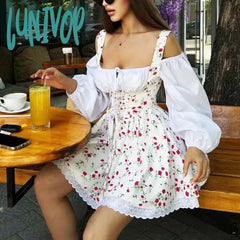 Lunivop Puff Sleeve Suspender Dress Women Fake Two Pieces Flower Strapless Ruffles Splice Long Lace
