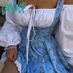 Lunivop Puff Sleeve Suspender Dress Women Fake Two Pieces Flower Strapless Ruffles Splice Long Lace