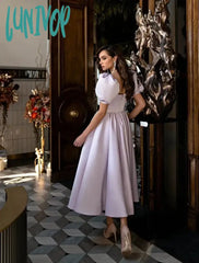 Lunivop Puffy Short Sleeves Prom Dresses 2024 Satin A Line Tea Length Beaded Waist Evening Party