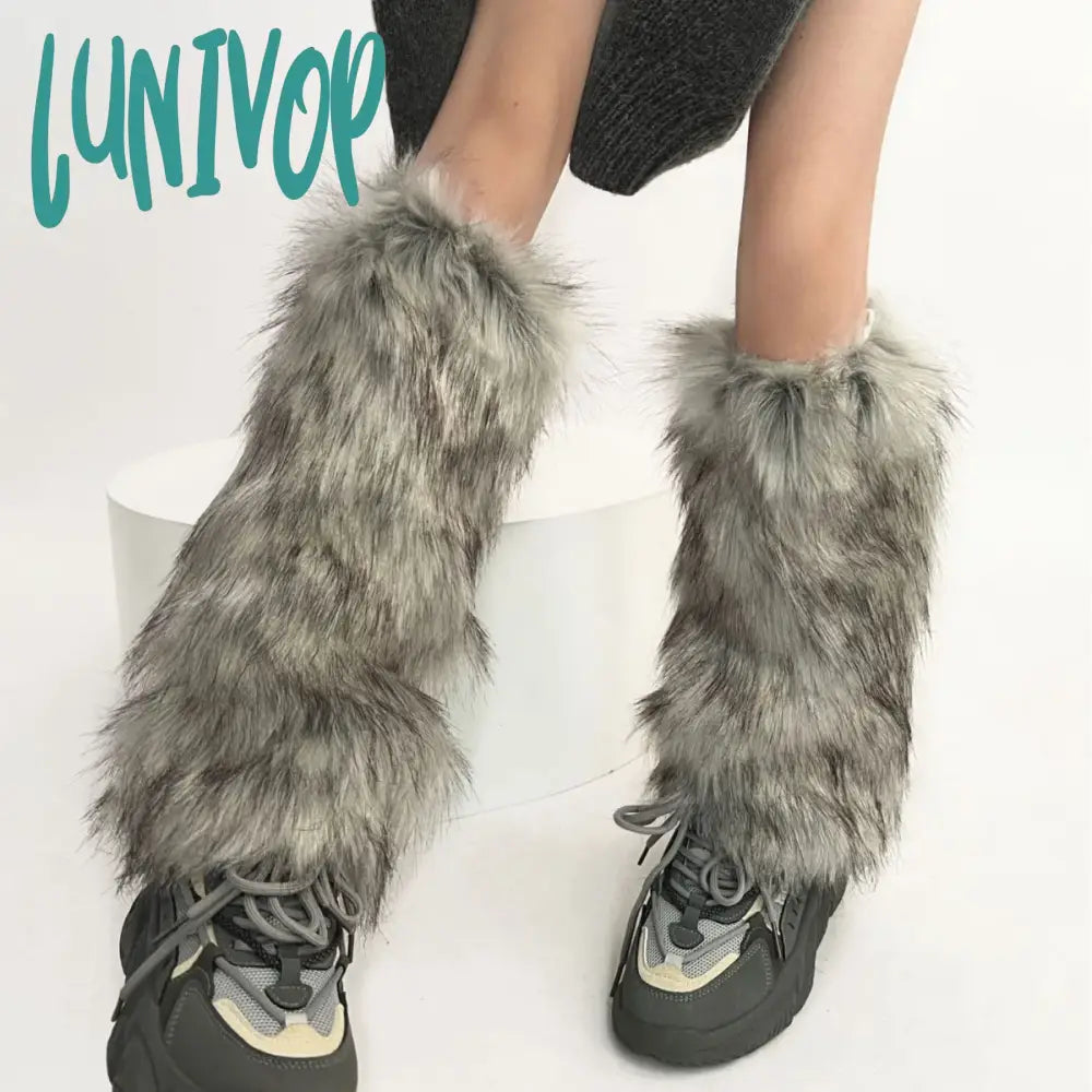 Lunivop Punk Faux Fur Leg Warmers Vintage Imitation Retro Modern Y2K Winter Warm Boots Cover Socks