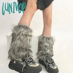 Lunivop Punk Faux Fur Leg Warmers Vintage Imitation Retro Modern Y2K Winter Warm Boots Cover Socks