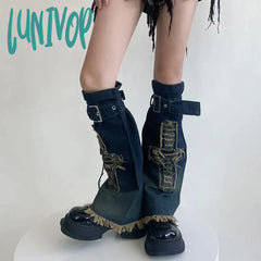 Lunivop Punk Gothic Cross Denim Leg Warmers Harajuku Boot Cuffs Sock Y2K Star Strap Covers
