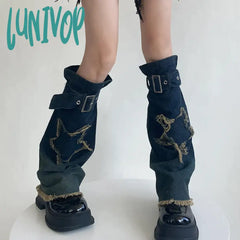 Lunivop Punk Gothic Cross Denim Leg Warmers Harajuku Boot Cuffs Sock Y2K Star Strap Covers