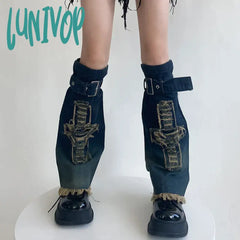 Lunivop Punk Gothic Cross Denim Leg Warmers Harajuku Boot Cuffs Sock Y2K Star Strap Covers
