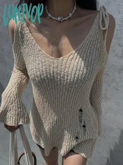 Lunivop Punk Gothic Mid-Long Length Knitted Tops Women 2024 Solid Hollow Out Hole Flare Sleeve
