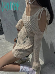 Lunivop Punk Gothic Mid-Long Length Knitted Tops Women 2024 Solid Hollow Out Hole Flare Sleeve