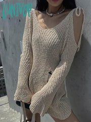 Lunivop Punk Gothic Mid-Long Length Knitted Tops Women 2024 Solid Hollow Out Hole Flare Sleeve
