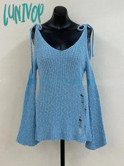 Lunivop Punk Gothic Mid-Long Length Knitted Tops Women 2024 Solid Hollow Out Hole Flare Sleeve