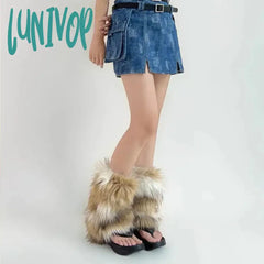 Lunivop Punk Imitation Fur Leg Warmers Winter Retro Modern Hot Girl Cover Y2K Faux Boots Socks