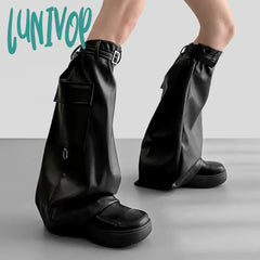 Lunivop Punk Metal Buckle Leg Cover Pu Dark Black Hot Gothic Warmer Women Men Rock Harajuku Long
