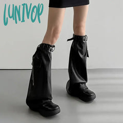 Lunivop Punk Metal Buckle Leg Cover Pu Dark Black Hot Gothic Warmer Women Men Rock Harajuku Long