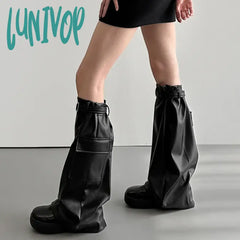 Lunivop Punk Metal Buckle Leg Cover Pu Dark Black Hot Gothic Warmer Women Men Rock Harajuku Long