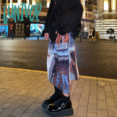 Lunivop Punk Midi Skirt Women Streetwear Graffiti Print Irregular Skirts Harajuku Gothic Korean