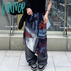 Lunivop Punk Midi Skirt Women Streetwear Graffiti Print Irregular Skirts Harajuku Gothic Korean
