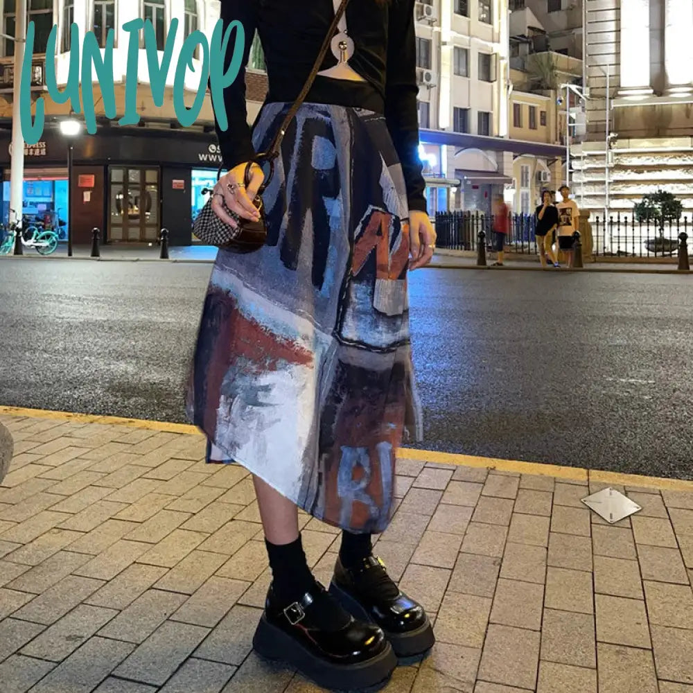 Lunivop Punk Midi Skirt Women Streetwear Graffiti Print Irregular Skirts Harajuku Gothic Korean