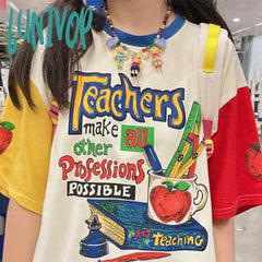 Lunivop Pure Cotton T Shirts Women Streetwear Y2K Oversized Funny Print Tops Harajuku Grunge