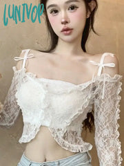 Lunivop Purple Backless Sexy Crop Tops Women Lace Korean Fashion Designer Slim Blouse Female Bow