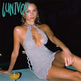 Lunivop Purple Glitter Sexy Summer Dress 2024 Frill Hollow Out Halter Mini Dresses For Women Night