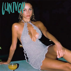 Lunivop Purple Glitter Sexy Summer Dress 2024 Frill Hollow Out Halter Mini Dresses For Women Night