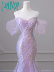Lunivop Purple Laser Sequin Beaded Mermaid Women Evening Dress With Puff Sleeves Tassel Pearls