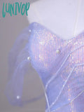 Lunivop Purple Laser Sequin Beaded Mermaid Women Evening Dress With Puff Sleeves Tassel Pearls