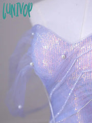 Lunivop Purple Laser Sequin Beaded Mermaid Women Evening Dress With Puff Sleeves Tassel Pearls