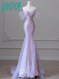 Lunivop  Purple Laser Sequin Beaded Mermaid Women Evening Dress with Puff Sleeves Tassel Pearls Tulle Train Prom Gown