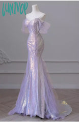 Lunivop Purple Laser Sequin Beaded Mermaid Women Evening Dress With Puff Sleeves Tassel Pearls