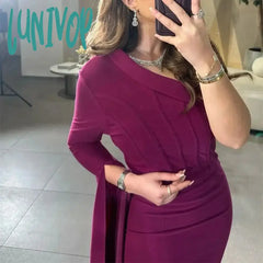 Lunivop Purple One Shoulder Sexy Mermaid Evening Dresses Floor-Length Long Sleeve Prom Gowns With