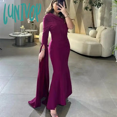 Lunivop Purple One Shoulder Sexy Mermaid Evening Dresses Floor-Length Long Sleeve Prom Gowns With