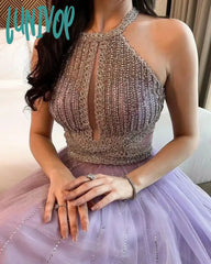Lunivop Purple Shiny Tulle Sequin Prom Dresses Halter A Line Pleated Evening Dress 2024 Girls Party