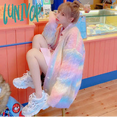 Lunivop Rainbow Knitted Cardigan Women Autumn Winter Sweet Kawaii Sweater Coat Female Long Korean