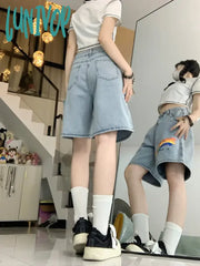 Lunivop Rainbow Printing Women’s High Waist Loose Blue Denim Shorts Summer New Casual Unisex