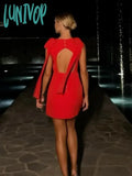Lunivop Red Bow Backless Hollow Out Gown Mini Dress For Women Sleeveless Split Back Button Cut Lady