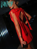 Lunivop Red Bow Backless Hollow Out Gown Mini Dress For Women Sleeveless Split Back Button Cut Lady