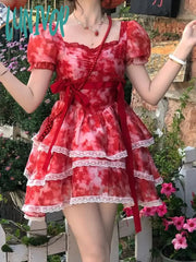 Lunivop Red Japanese Lolita Kawaii Mini Dress Women Floral Print Sweet Elegant Female Summer Lace