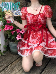 Lunivop Red Japanese Lolita Kawaii Mini Dress Women Floral Print Sweet Elegant Female Summer Lace