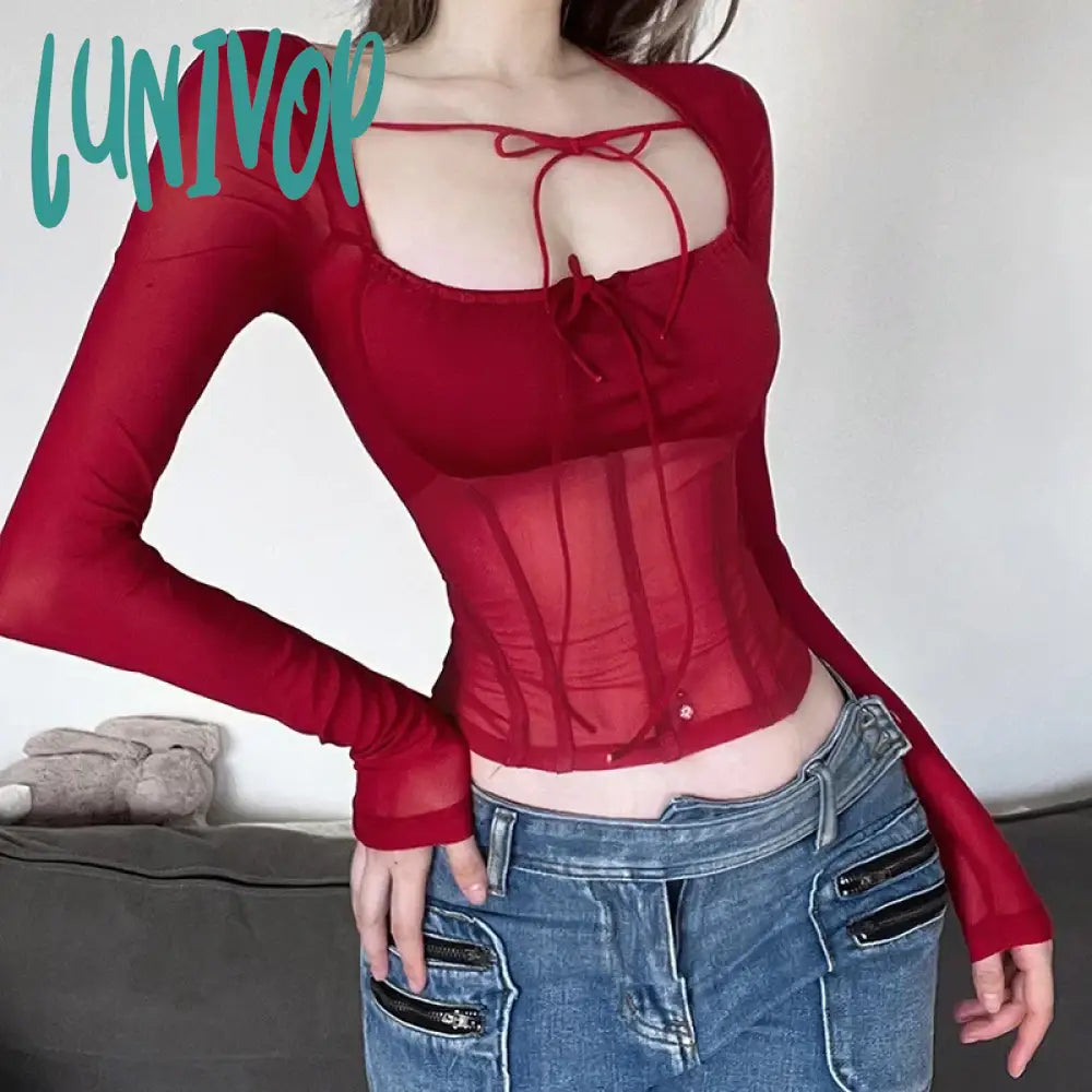 Lunivop Red Sexy Perspective Bright High Street Confident Mature Beautiful Women’s Winter Basic