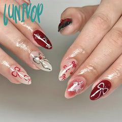 Lunivop Red Silver White Bowknot Stars Cute Pointed False Nails Rhinestone Pearl Detachable