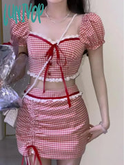 Lunivop Red Sweet Plaid Two Piece Set Women Lace Vintage Elegant Party Mini Skirt Suit Korean Y2K