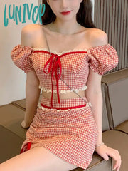 Lunivop Red Sweet Plaid Two Piece Set Women Lace Vintage Elegant Party Mini Skirt Suit Korean Y2K