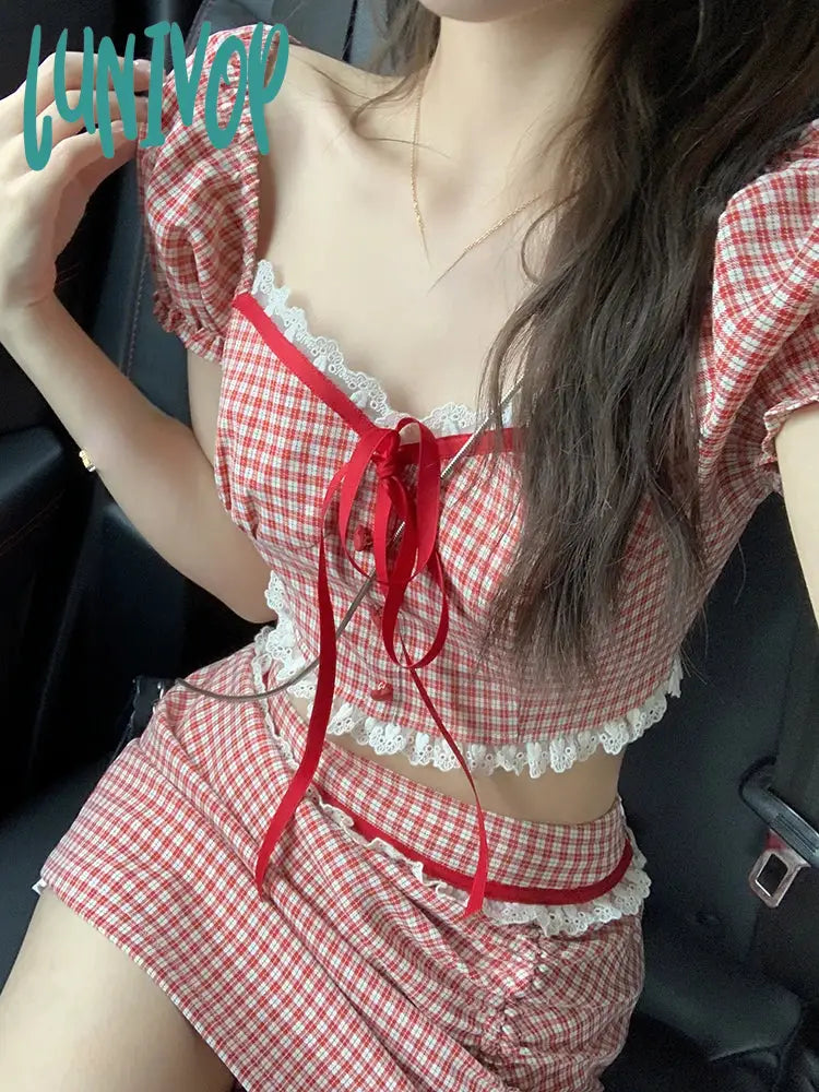 Lunivop Red Sweet Plaid Two Piece Set Women Lace Vintage Elegant Party Mini Skirt Suit Korean Y2K