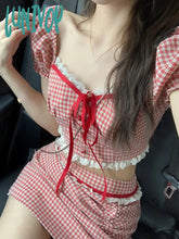 Lunivop Red Sweet Plaid Two Piece Set Women Lace Vintage Elegant Party Mini Skirt Suit Korean Y2K
