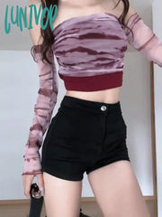 Lunivop Red Tie Dye Crop T Shirts Women Harajuku Fairy Grunge Sexy Kpop Mesh Tops Aesthetic Vintage