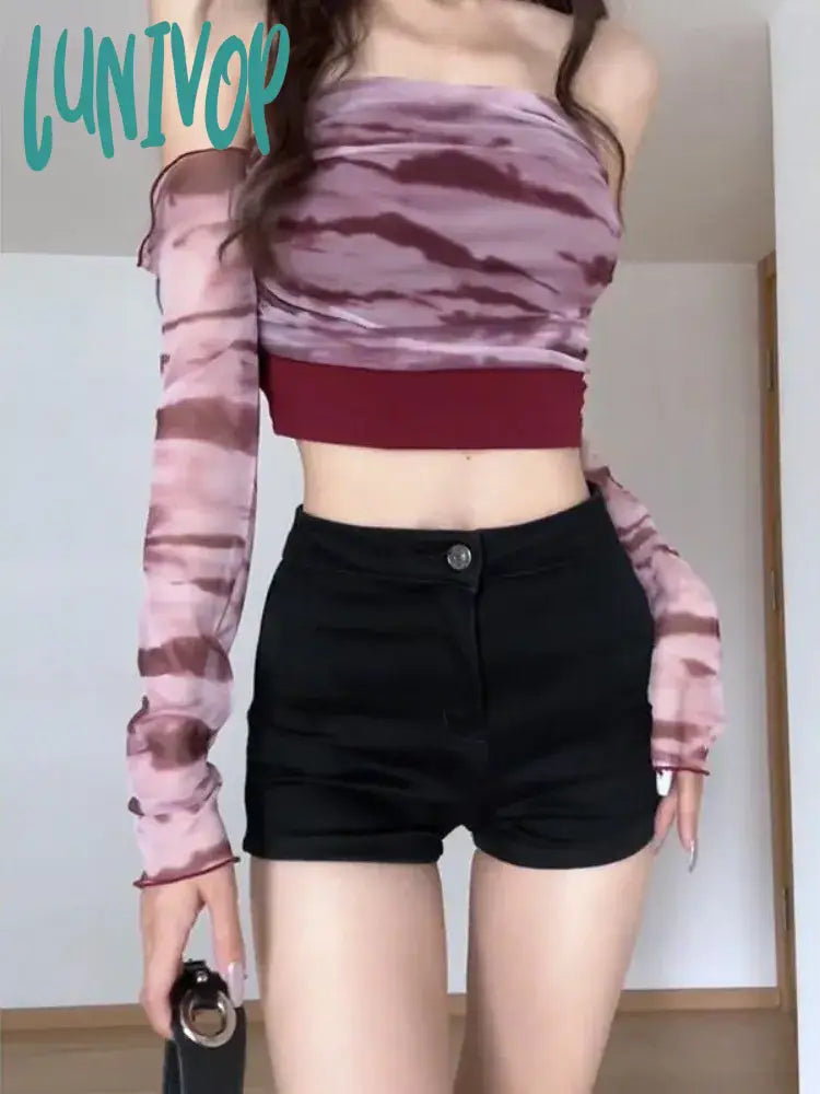 Lunivop Red Tie Dye Crop T Shirts Women Harajuku Fairy Grunge Sexy Kpop Mesh Tops Aesthetic Vintage
