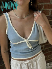Lunivop Retro Deep V Neck Crop Top Women Y2K Ruffle Vintage Tank Tops Womens Tie Up Bow Knitted