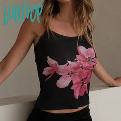 Lunivop Retro Floral Print Camis Tops Sleeveless Lace Spaghetti Strap Crop Top Women Casual Summer