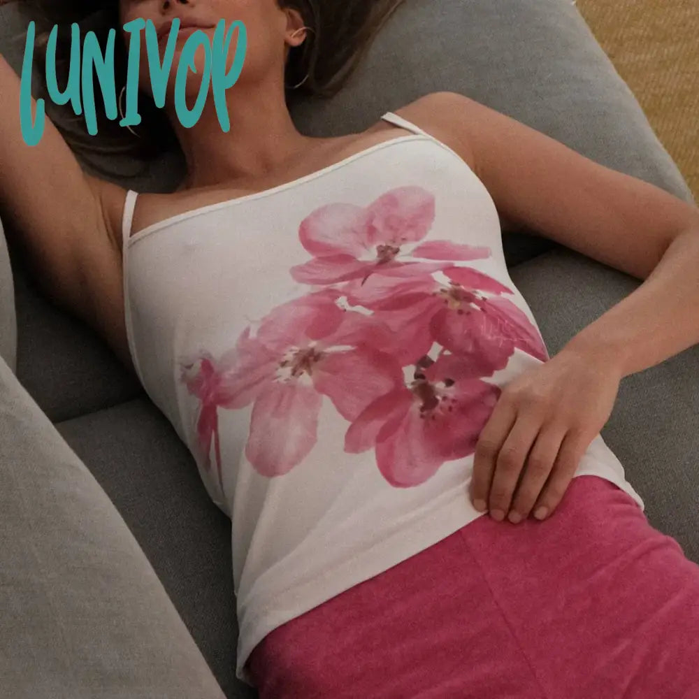 Lunivop Retro Floral Print Camis Tops Sleeveless Lace Spaghetti Strap Crop Top Women Casual Summer