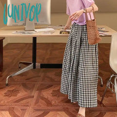Lunivop Retro Plaid Wide Leg Pants Women Streetwear High Waist Drawstring Loose Casual Trousers